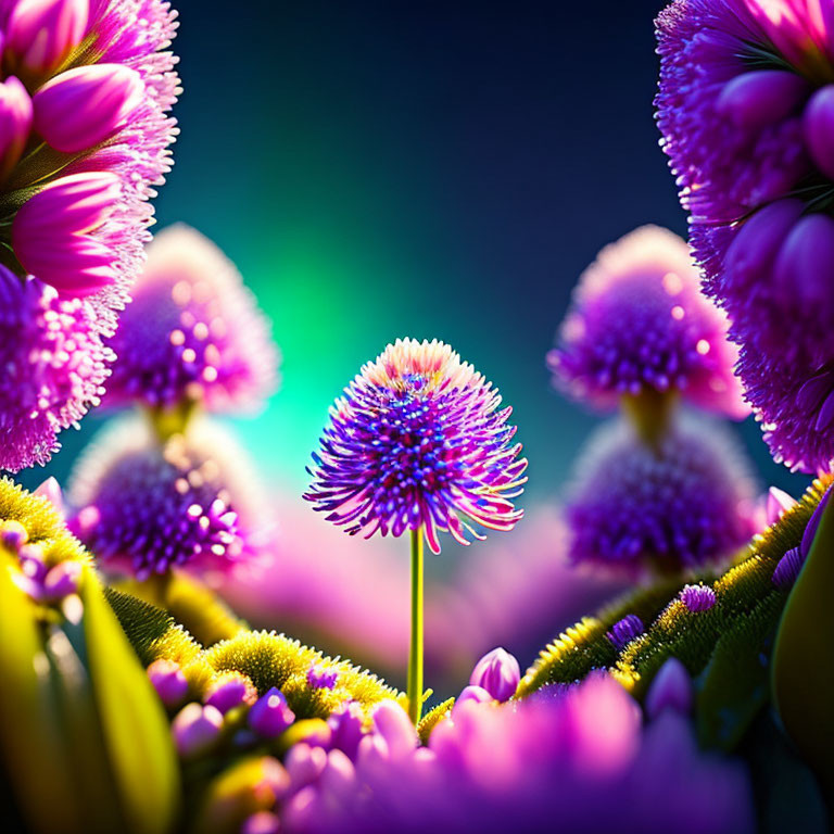 Vivid spherical purple flower with halo of light and blurred pink flowers in dreamy background