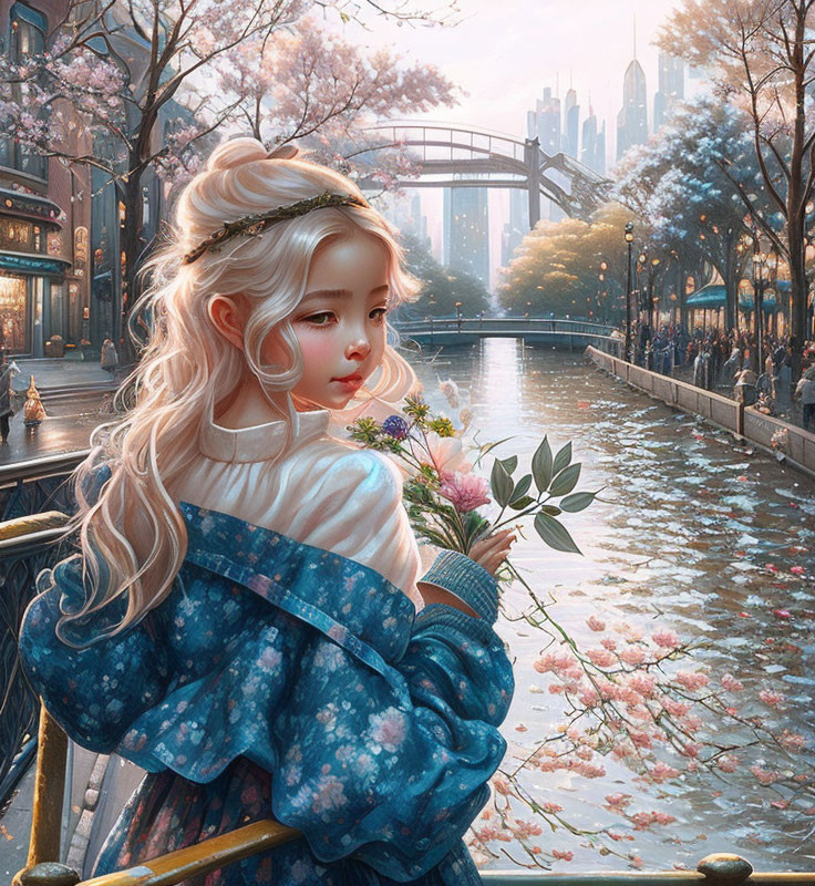 Blonde girl with floral headband by cherry blossom canal in futuristic cityscape
