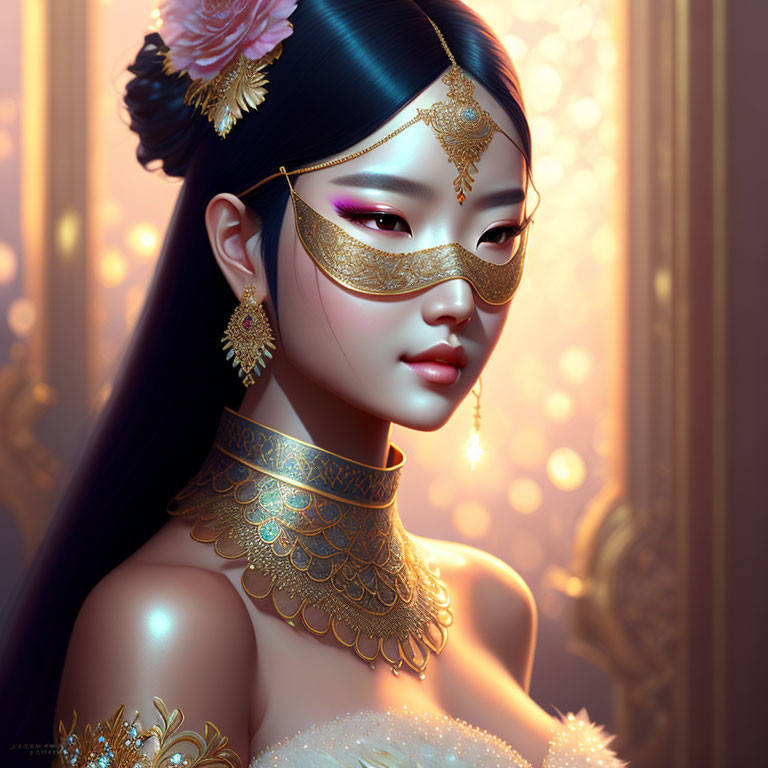 Illustrated portrait of elegant woman with golden mask and jewelry on golden backdrop