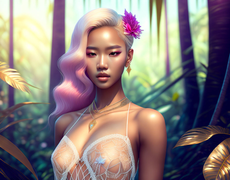 Digital art portrait of woman with pink wavy hair in jungle setting