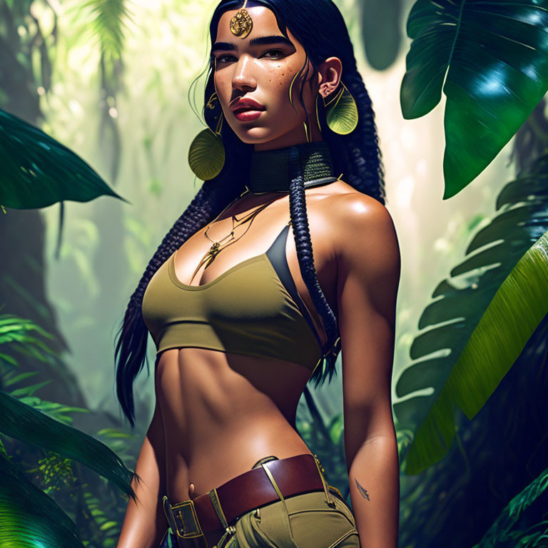 Digital artwork of confident woman with strong gaze in lush jungle wearing gold jewelry.