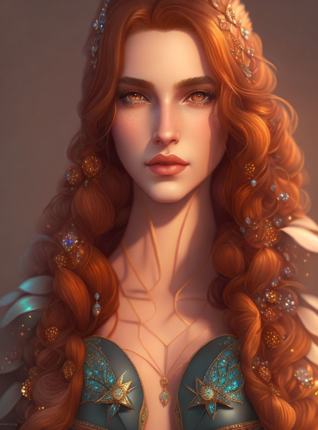 Detailed Illustration of Woman with Flowing Red Hair and Golden Accessories