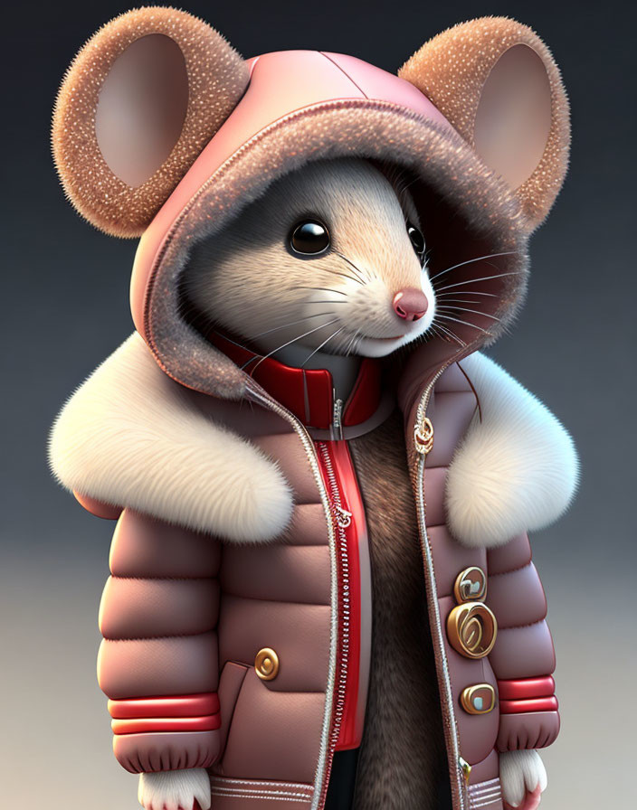 Animated Mouse in Pink Jacket with Hood: Cute and Whimsical Vibe