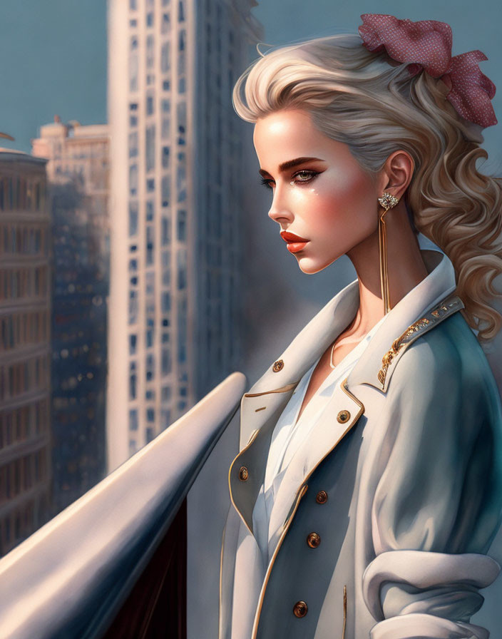 Blonde woman in blue coat with bow and cityscape backdrop