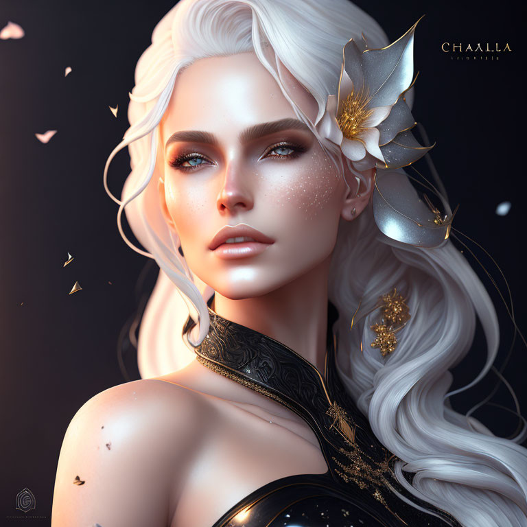 Digital portrait of woman with platinum blonde hair, golden freckles, flower, and butterflies.