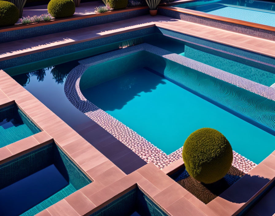 Geometrically Shaped Swimming Pools with Clear Blue Water and Terracotta Tiles