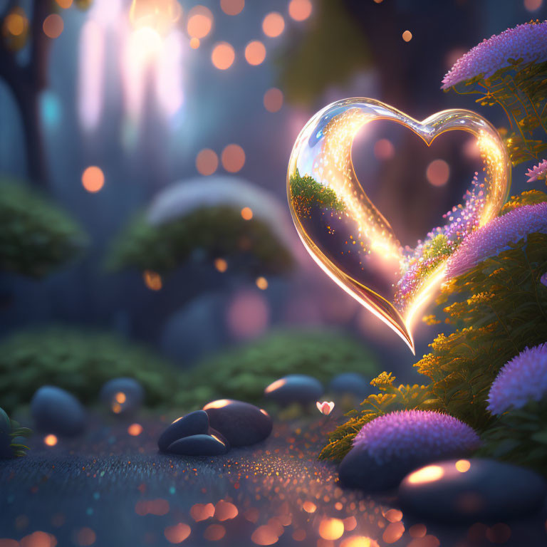 Heart-shaped glowing object in magical landscape with fairy-tale forest ambiance