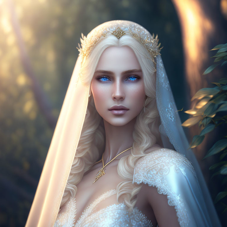 Digital artwork: Fair-skinned woman with blue eyes and blond hair in golden tiara and white gown