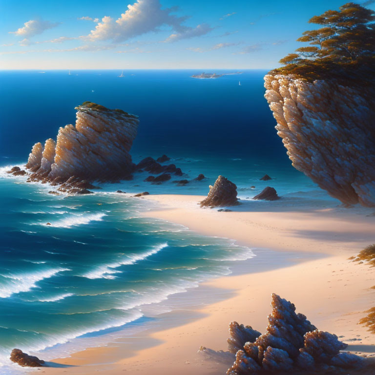 Cliffside beach with sailboats and blue waves