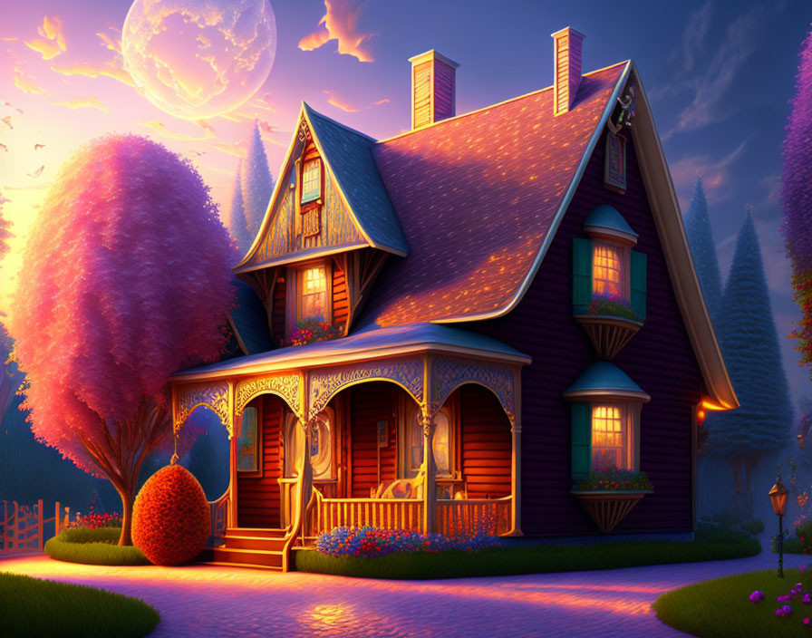 Illustration of Cozy Victorian House at Twilight with Moon and Colorful Trees