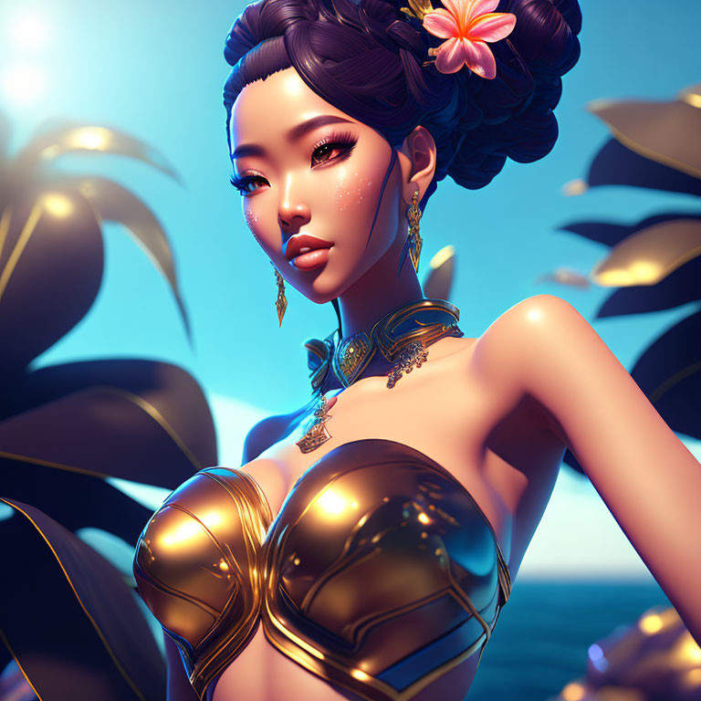 3D Rendered Image of Woman in Futuristic Golden Outfit with Asian Features