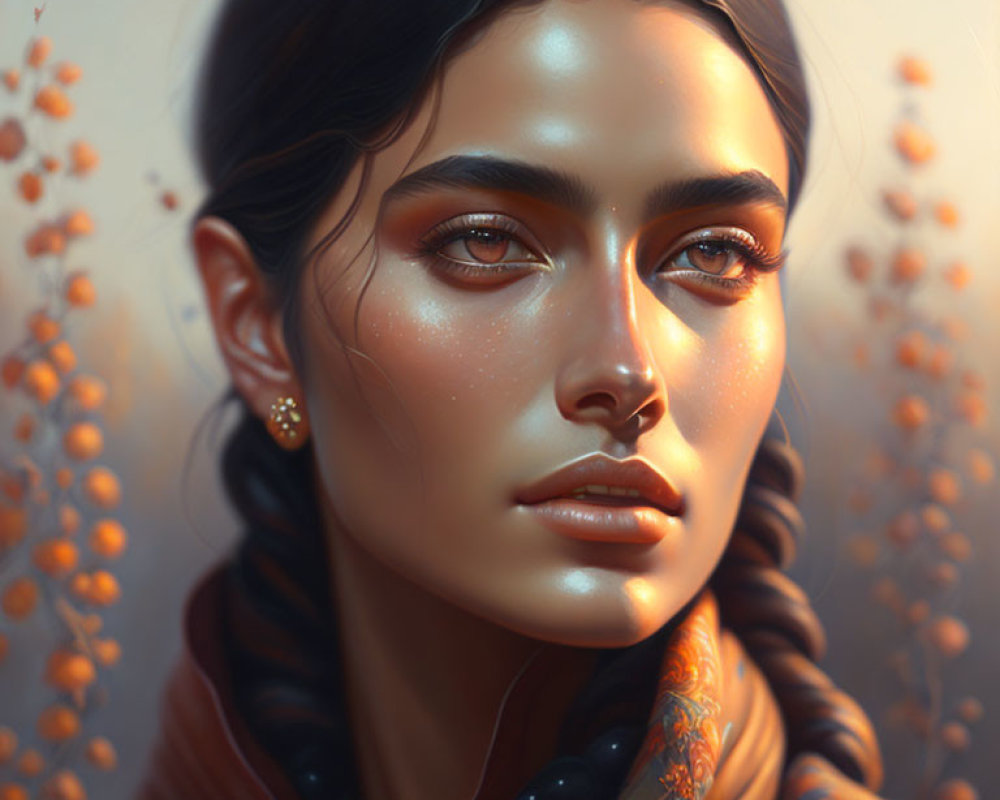 Portrait of a woman with striking eyes and autumn makeup, featuring berries and warm tones.