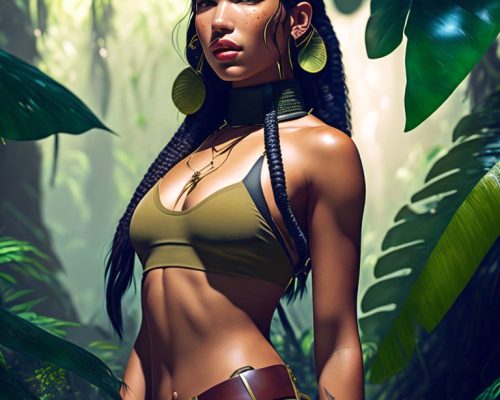 Digital artwork of confident woman with strong gaze in lush jungle wearing gold jewelry.