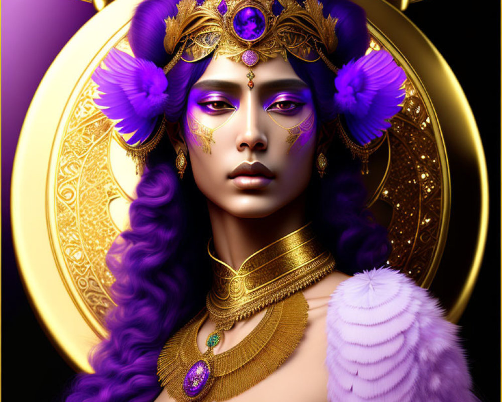 Purple-skinned female figure with golden jewelry and feathered headdress.