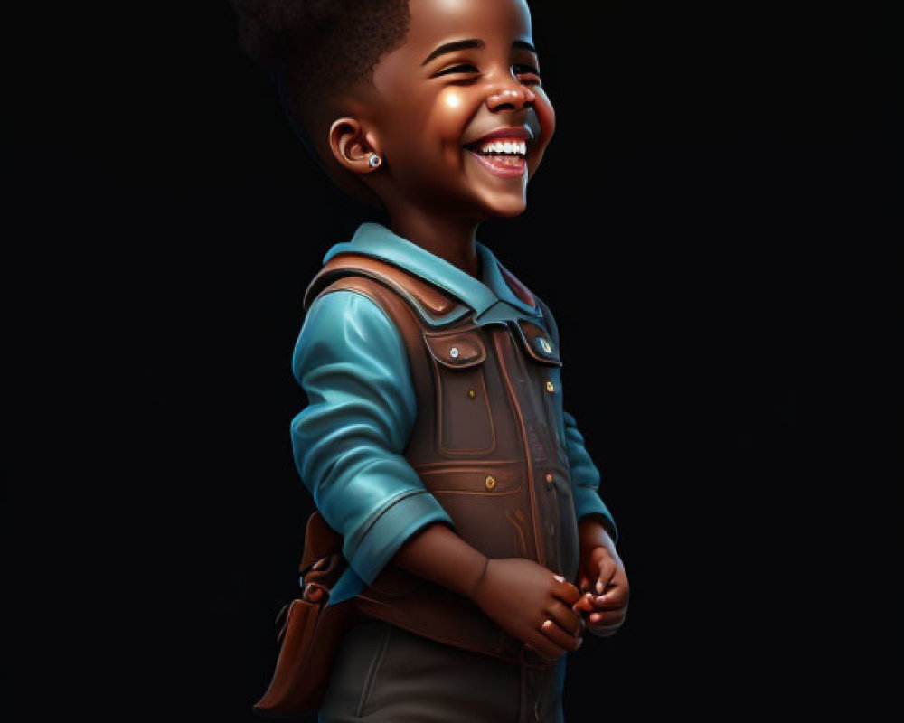 Young child in stylish outfit smiling against dark backdrop