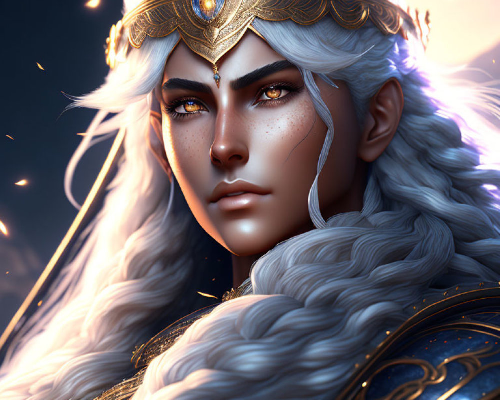 Regal character in golden crown and armor under warm light