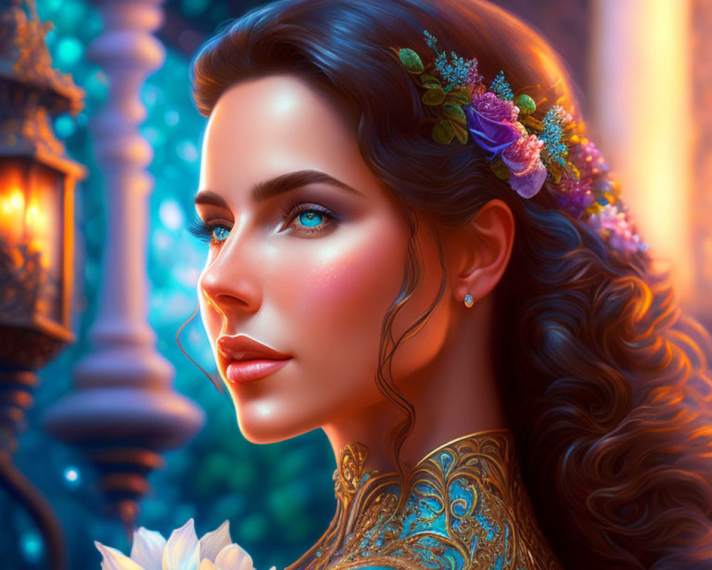 Digital artwork: Woman with blue eyes, floral hair decorations, golden garment, in moody classical setting