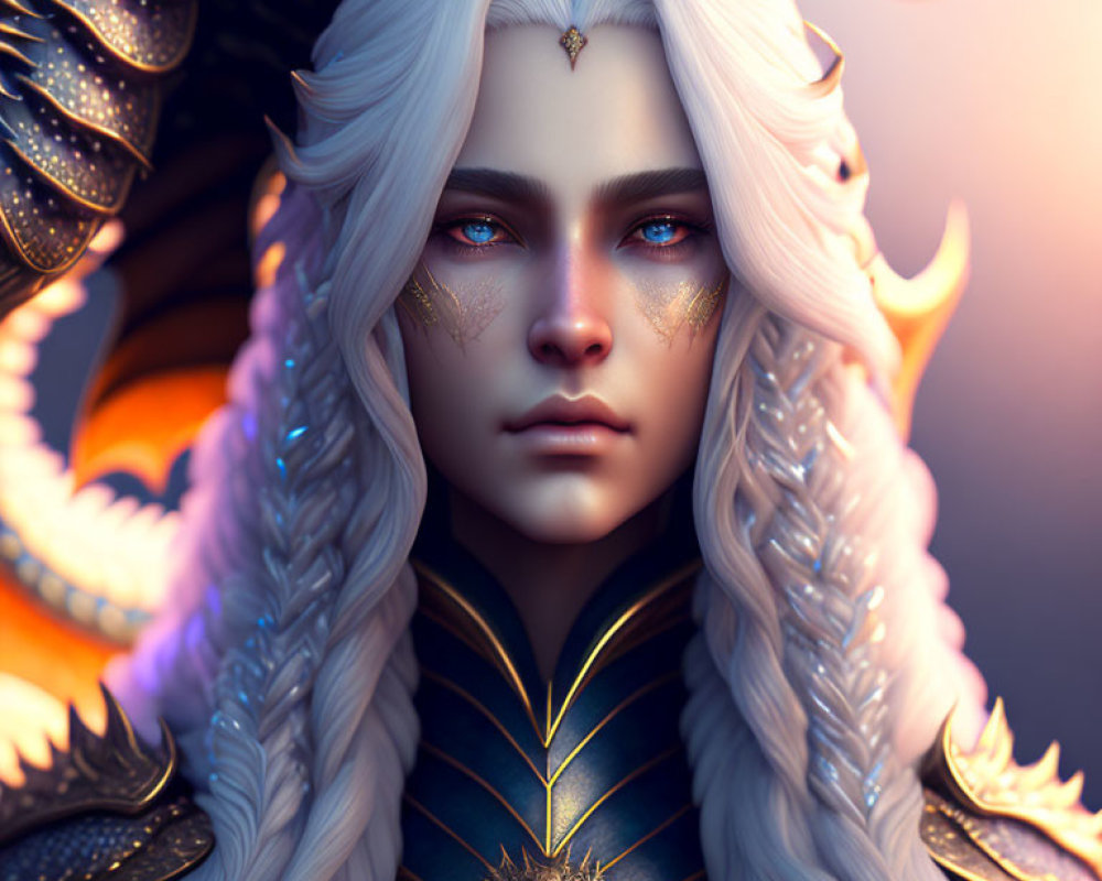 Fantasy character digital art: white hair, blue eyes, golden armor with wing and sun motifs