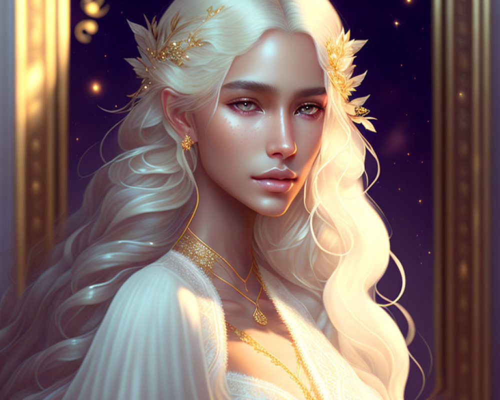 Digital artwork featuring woman with white hair and golden accessories on night background