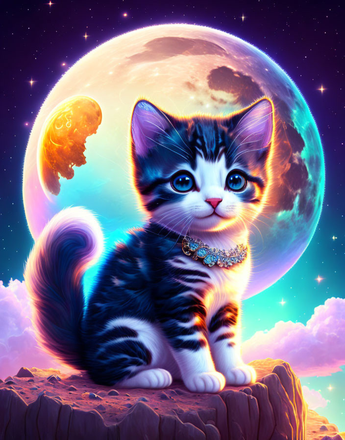 Colorful Cosmic Kitten with Moon and Planets