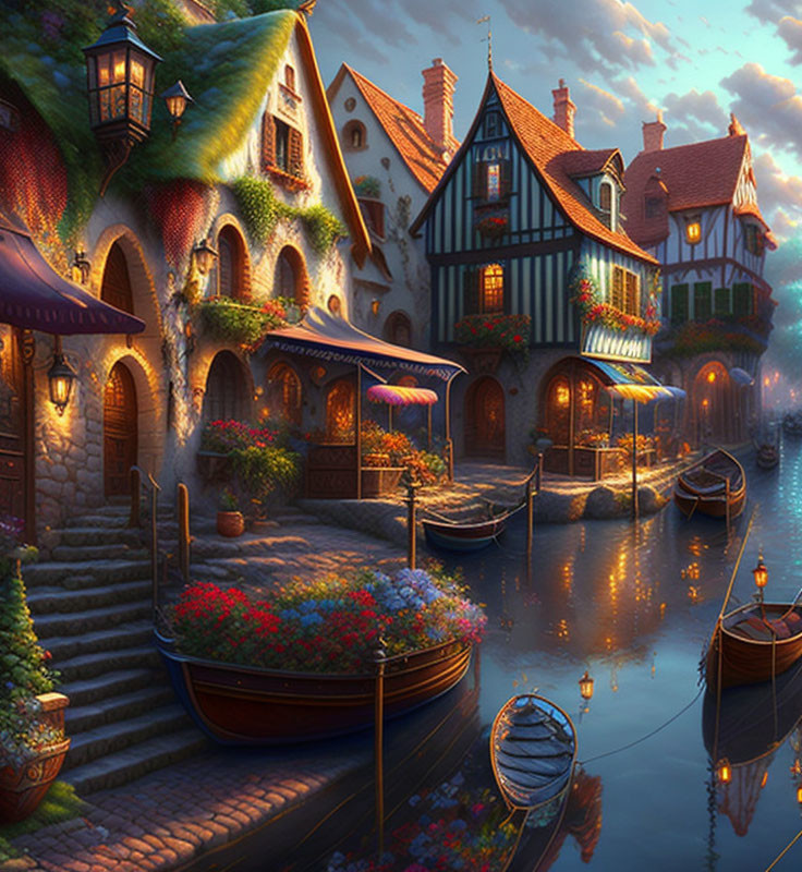 Picturesque village scene: cobblestone paths, boats on canal, vibrant flowers at dusk