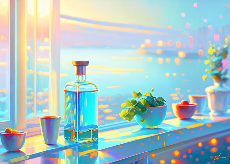 Colorful Illustration of Sunlit Windowsill with Glass Bottle, Plant, and Cityscape Background