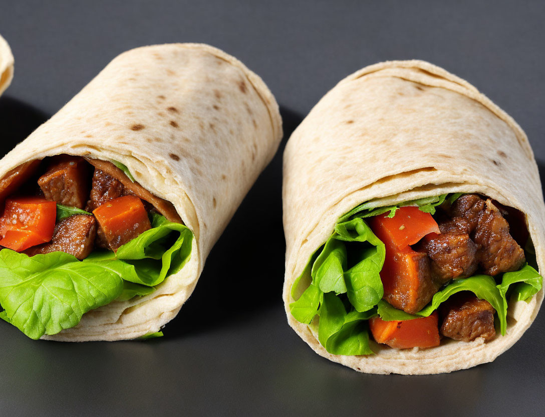Beef and vegetable wraps with lettuce and diced tomatoes on dark surface