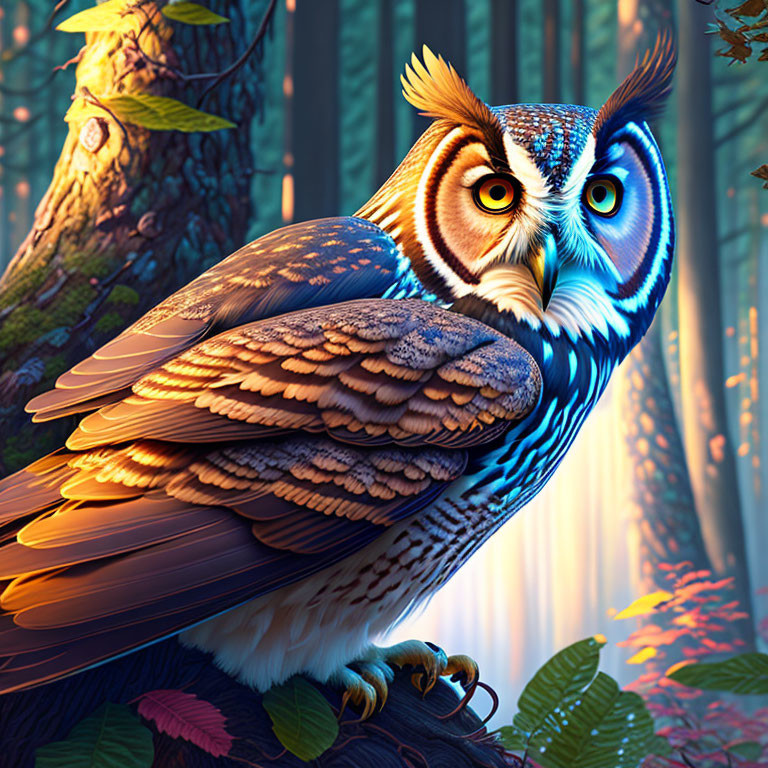 Vividly colored owl perched on forest branch at sunset