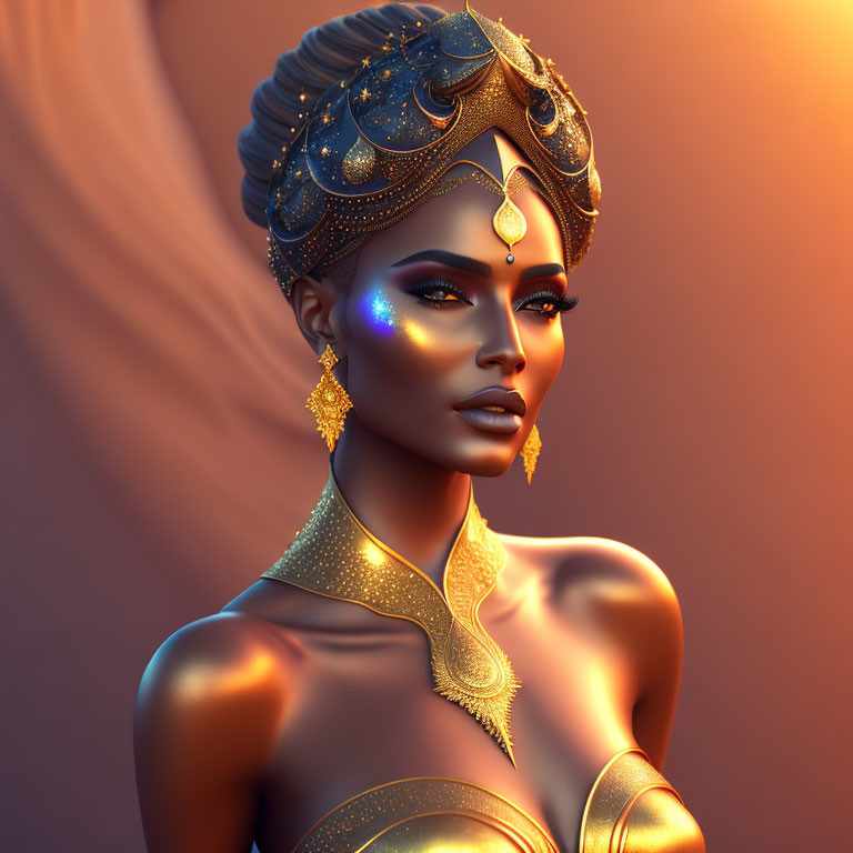 Illustrated Woman in Golden Jewelry and Headdress on Warm Background