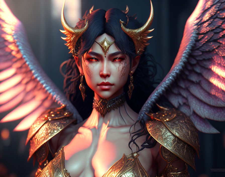 Fantasy portrait of female figure with horns, red eyes, golden armor, and wings