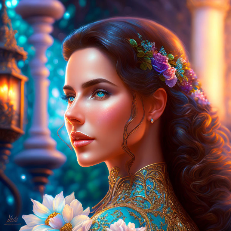 Digital artwork: Woman with blue eyes, floral hair decorations, golden garment, in moody classical setting