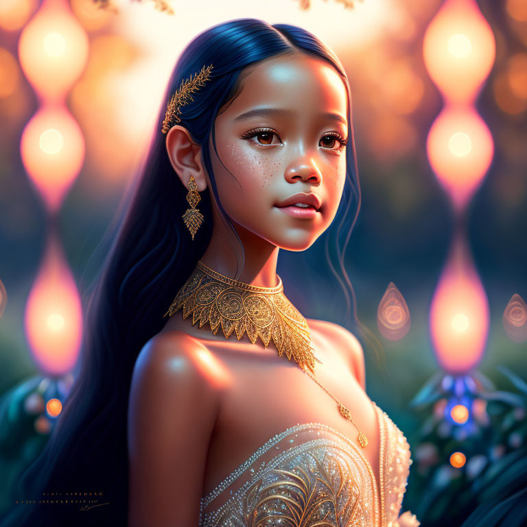 Digital artwork featuring girl with ornate gold jewelry in magical environment