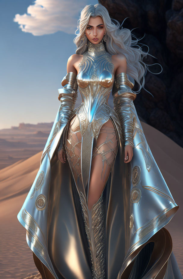 Futuristic digital artwork: Woman in silver-white hair and armor in desert.