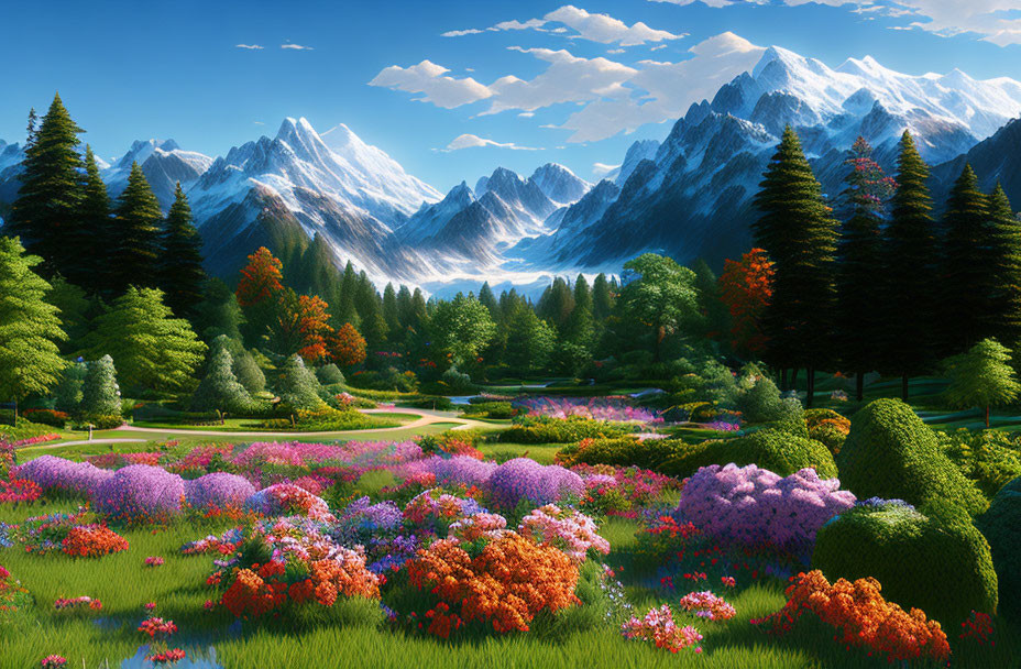 Colorful Flowers, Winding Path, Serene Lake, Snowy Mountains: A Vibrant Landscape