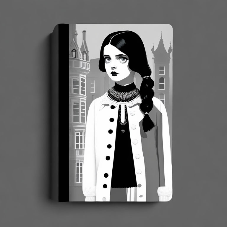 Monochrome illustration of woman in white coat with braid, architectural background on book cover.