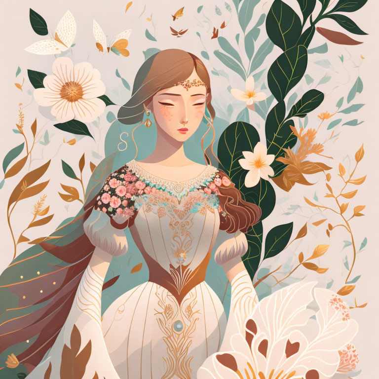 Illustrated woman in ornate dress with floral and nature motifs, exuding serene aura