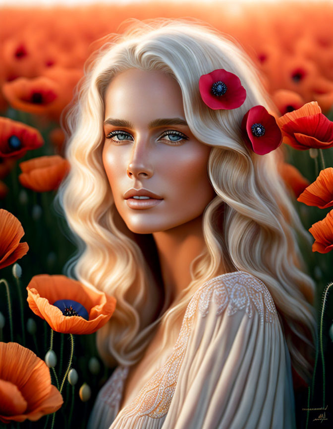 Blonde Woman Portrait with Blue Eyes and Red Poppies in Sunset Field