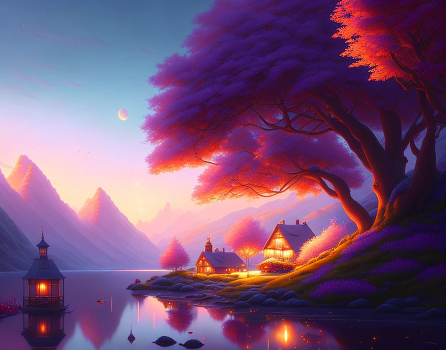 Tranquil lakeside village at dusk with purple foliage and glowing lanterns