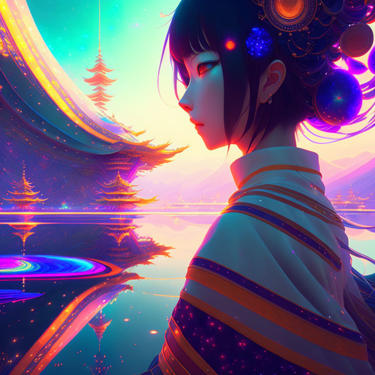 Cosmic-themed girl artwork with neon-lit futuristic landscape
