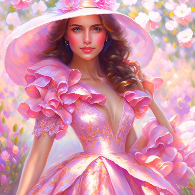 Digital painting of woman with brown hair in pink dress and hat, surrounded by pink blossoms
