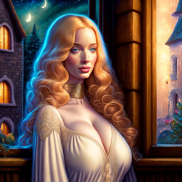 Blonde Woman in Medieval Dress by Night Castle