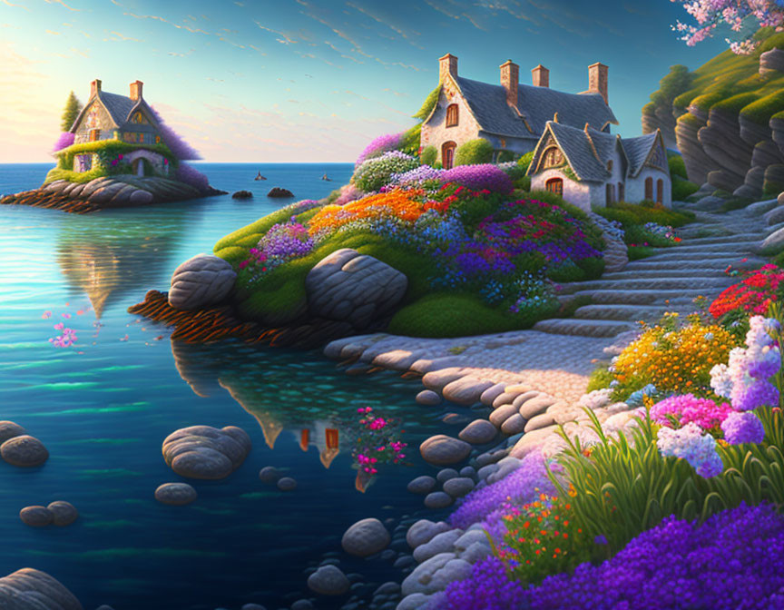 Tranquil Coastal Scene with Cottages and Gardens at Twilight