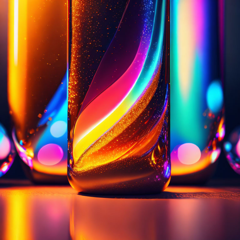 Colorful glass with intricate patterns and reflections on dark background.