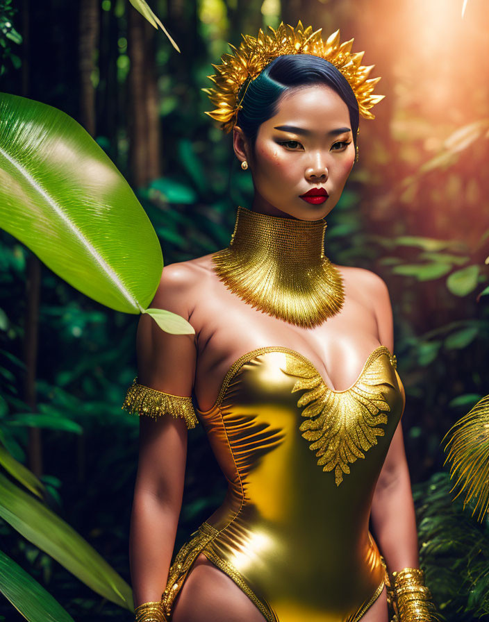 Woman in Golden Body Armor with Wing Motifs and Sunray Crown Stands in Lush Greenery