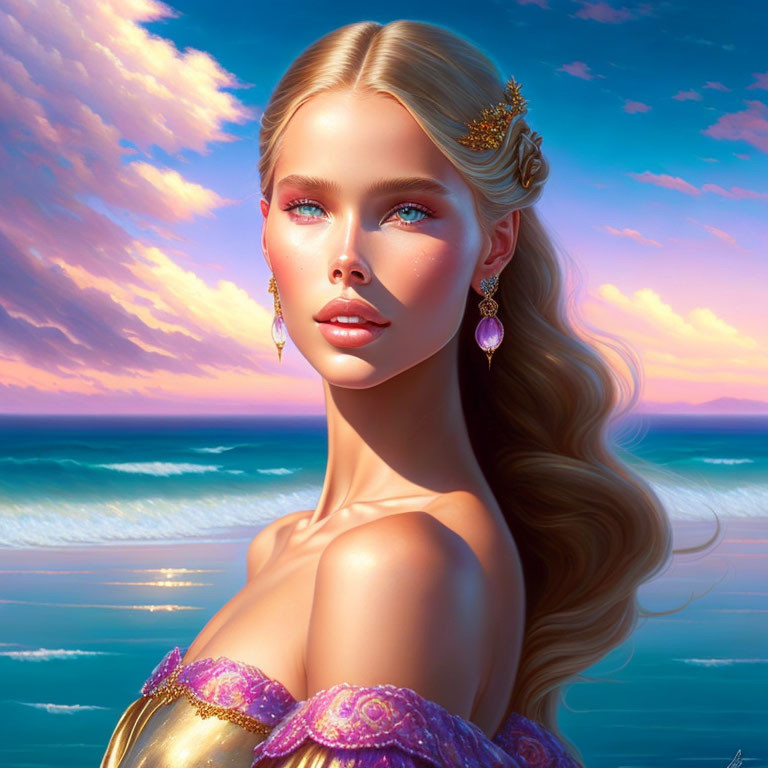 Digital painting of woman with golden hair and blue eyes against ocean sunset backdrop