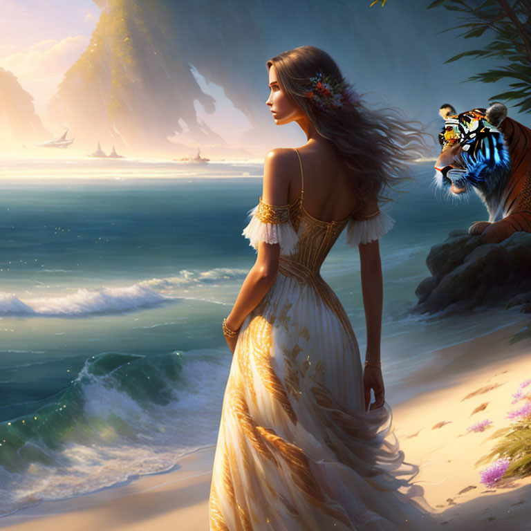 Woman in elegant gown with tiger by sea in serene landscape