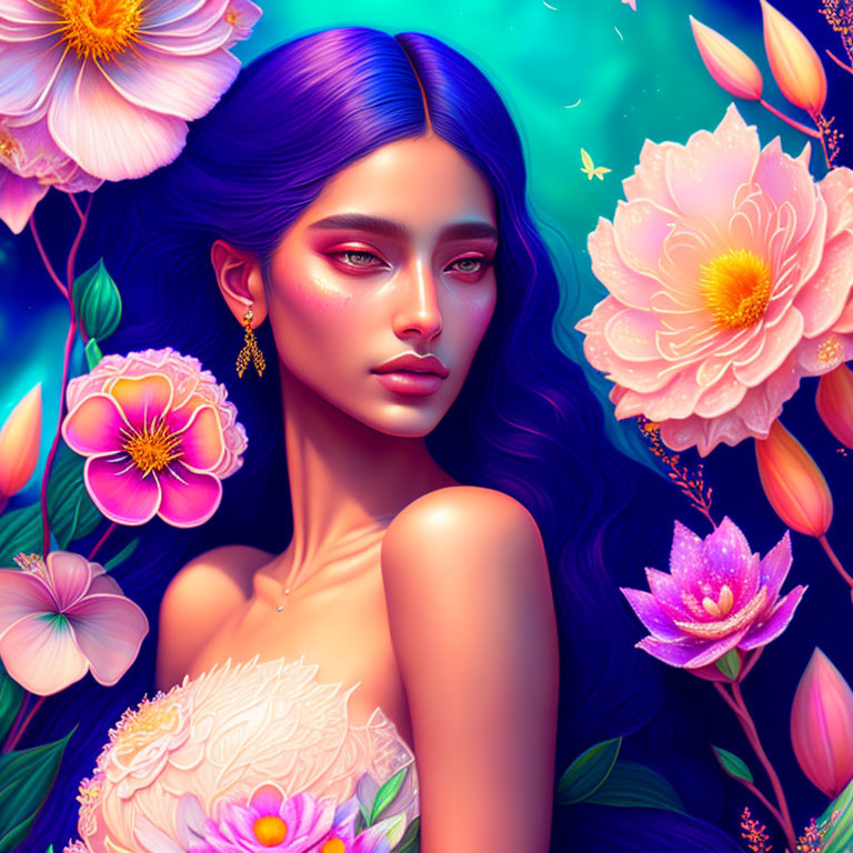 Vibrant purple-haired woman among exotic flowers on blue background