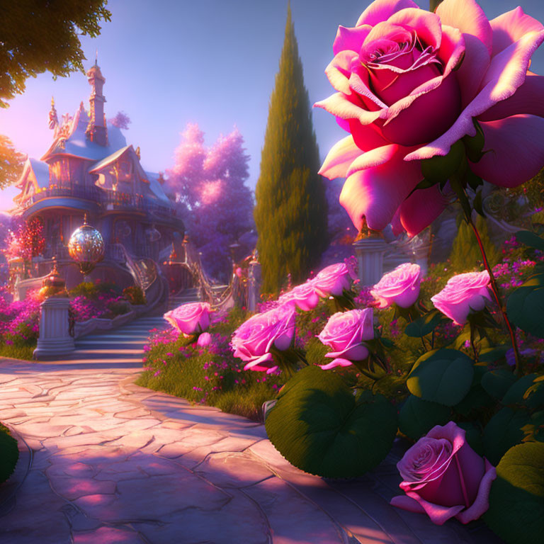 Lush fantasy garden with pink rose and whimsical cottage