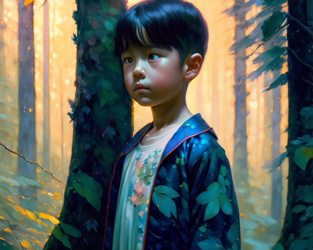 Child in floral robe standing in forest light portrait.