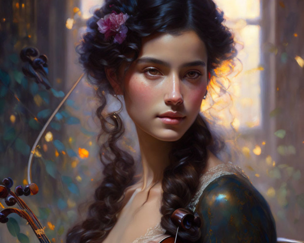 Portrait of Woman with Floral Hair Accessory Holding Violin in Warm, Dappled Light